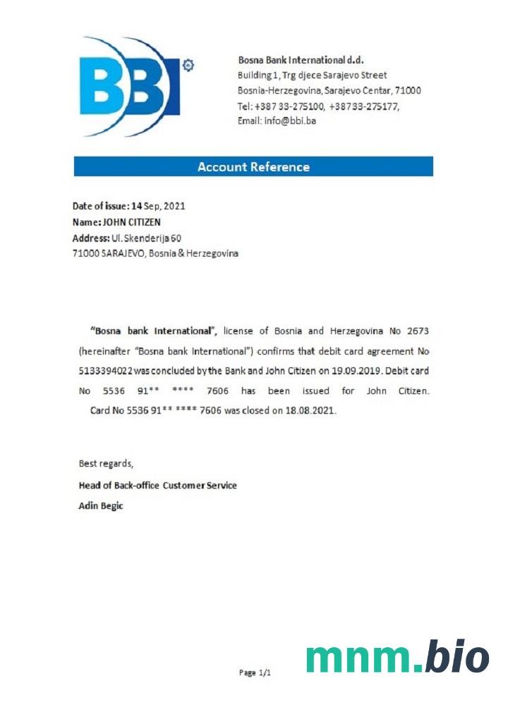 Bośnia I Hercegowina Bosna Bank Internat przykład zamknięcia odniesienia w formatach Word i PDF